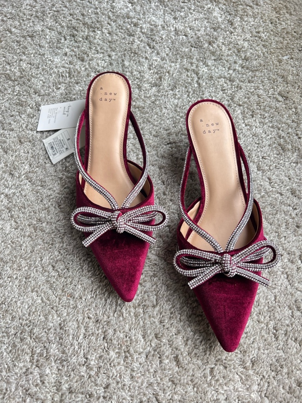 a new day Burgundy Velvet Pointed Toe Slingback Mules with Crystal Bow. Size 8